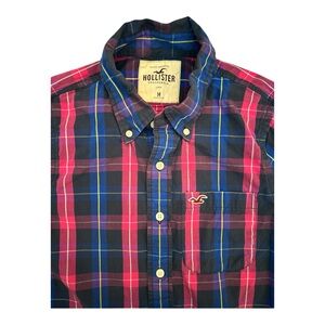 Hollister Men’s Classic Preppy Pink & Navy Plaid Button-Down Shirt | Size Medium